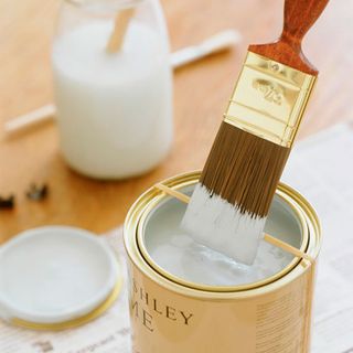 white paint bucket and brush on wooden flooring