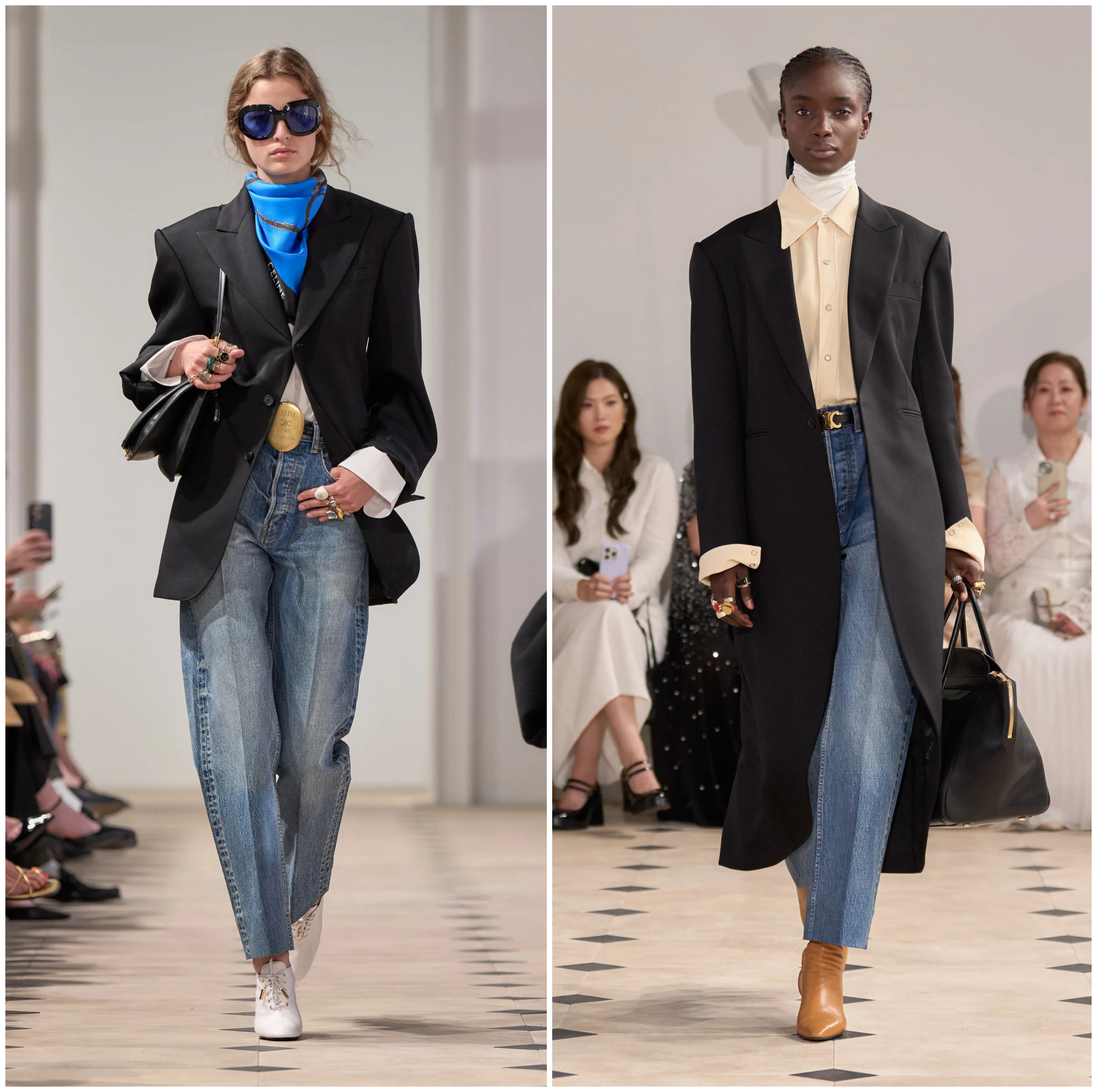 two models at Celine Spring/Summer 2026 wearing barrel leg blue jeans, a black coat, button-down shirt, and blue scarf