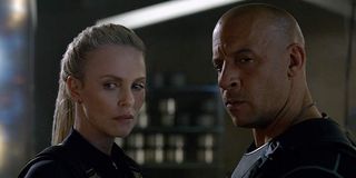 Charlize Theron as Cipher and Vin Diesel as Dominic in Fate of the Furious
