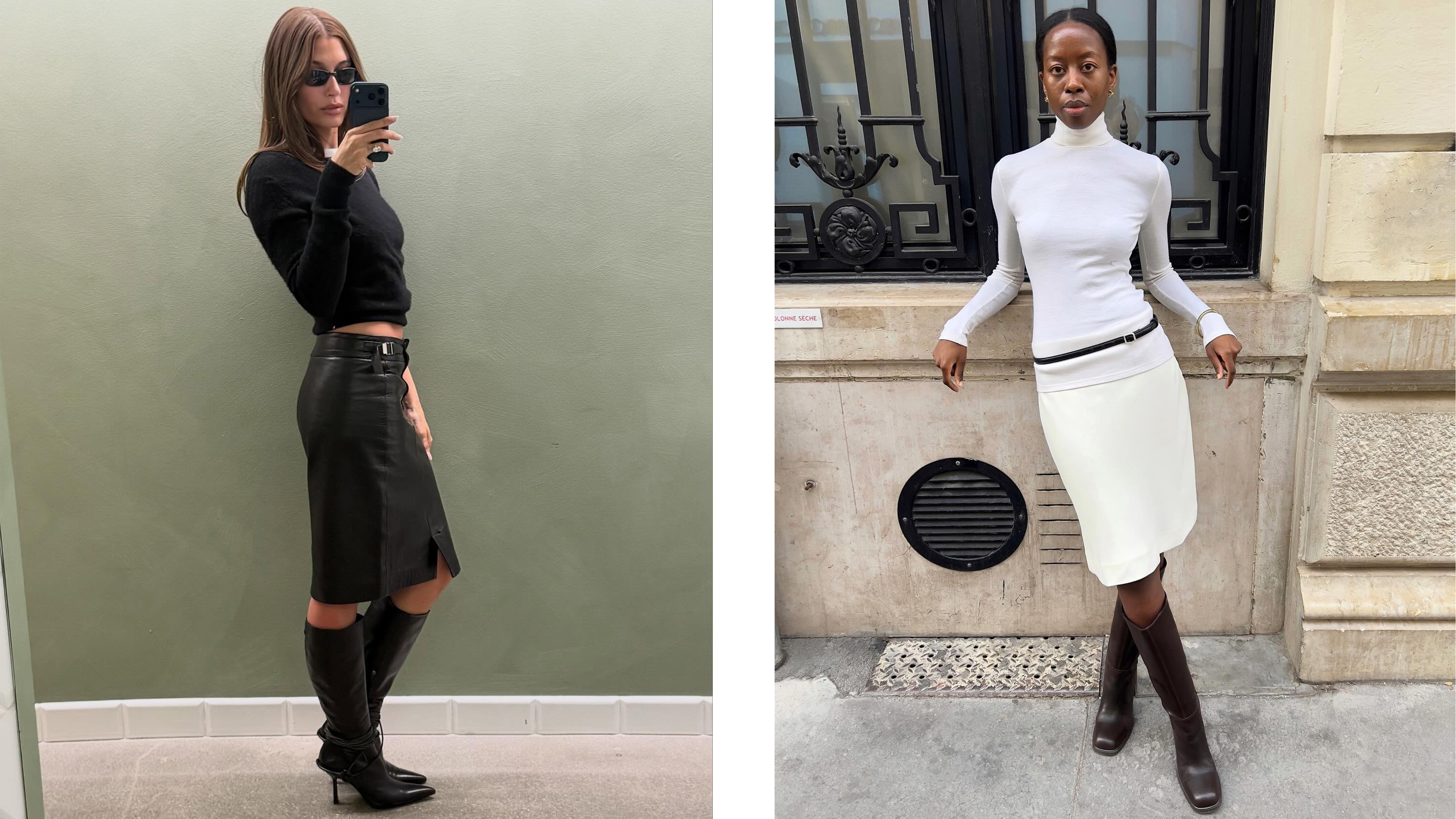 Hailey bieber wears a black sweater, pencil leather skirt and boots. Sylvie wears a white turtleneck, white skirt, and brown knee-high boots.