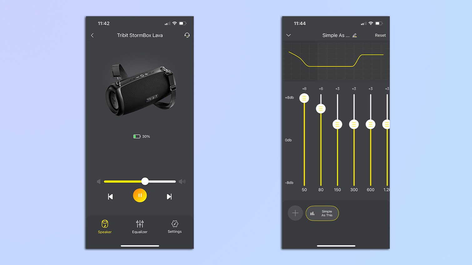 Screenshots from the Tribit app showing the custom EQ settings.