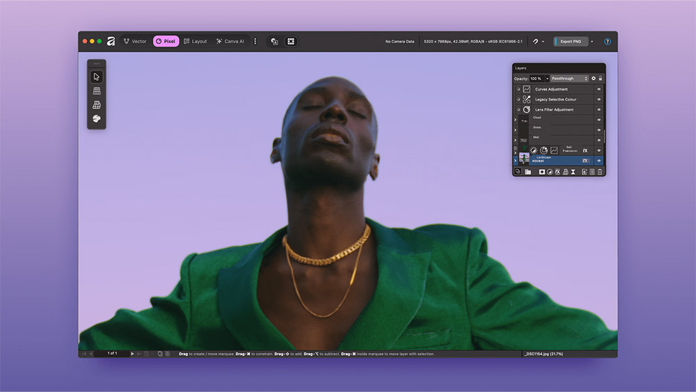 Canva Affinity app interface on a purple background with an image showing a black model posing