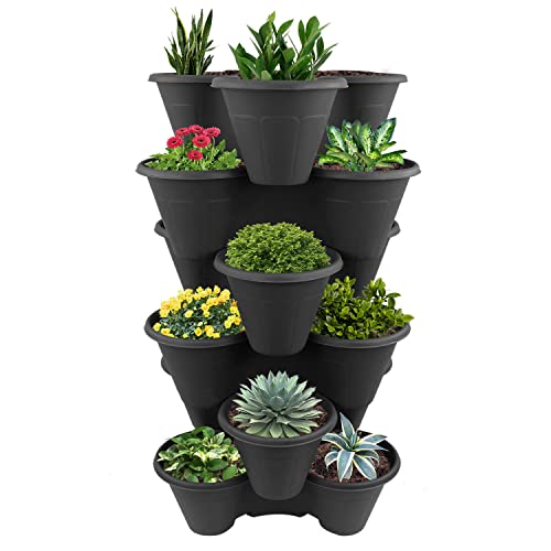 Agp Advanced Global Productions Outdoor Strawberry Planters Stackable Garden Vertical Plant Pot Flower Herbs Box (6 X Black)