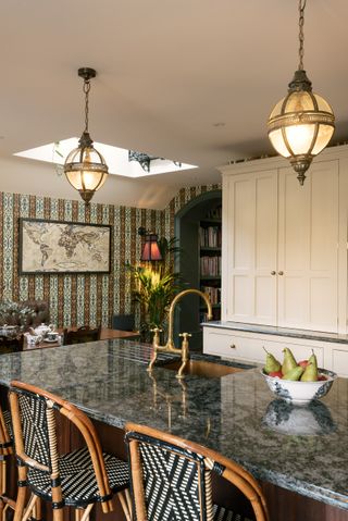 deVOL kitchen with striped traditional wallpaper