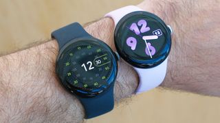 Google Pixel Watch 3 (right) on the wrist next to a Pixel Watch 2