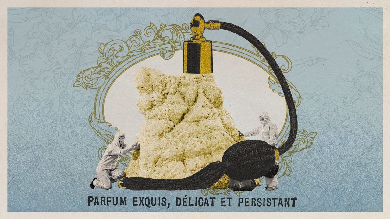 Photo collage of a fatberg being tended to by two men in hazmat suitsThere is a perfume bottle top with an atomiser on top of it, and a vintage perfume ad style background