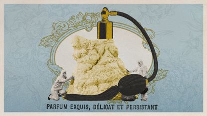 Photo collage of a fatberg being tended to by two men in hazmat suits. There is a perfume bottle top with an atomiser on top of it, and a vintage perfume ad style background