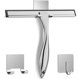 All-Purpose Stainless Steel Shower Squeegee with adhesive hook to keep it on the wall when not in use and two spare hooks for other hanging items in shower