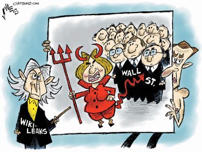 Political cartoon U.S. 2016 election Hillary Clinton devil Wiki-leaks