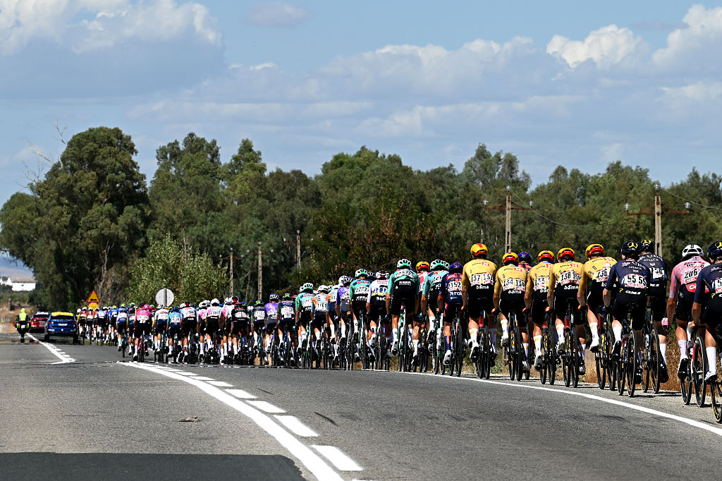 SEVILLA, SPAIN - SEPTEMBER 09: A general view of the peloton competing during the La Vuelta - 81st Tour of Spain 202, Stage 17 a 185km stage from Dos Hermanas to Sevilla / #UCIWT / stage from on September 09, 2026 in Sevilla, Spain. (Photo by Tim de Waele/Getty Images)