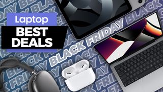 Black Friday background with MacBooks, AirPods and iPads arranged on it