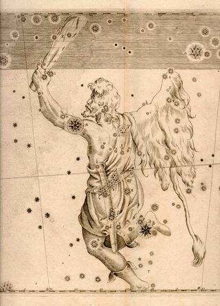 The constellation Orion from Johann Bayer's "Uranometria" star atlas, published in 1603. The brighter stars have more elaborate symbols. The ecliptic is the broad band running left to right above him, and the Milky Way is the shaded region on his left. Orion's eastern arm is depicted bearing a raised club, while his western arm usually carries a lion's pelt (shown here), or a shield or cloak.