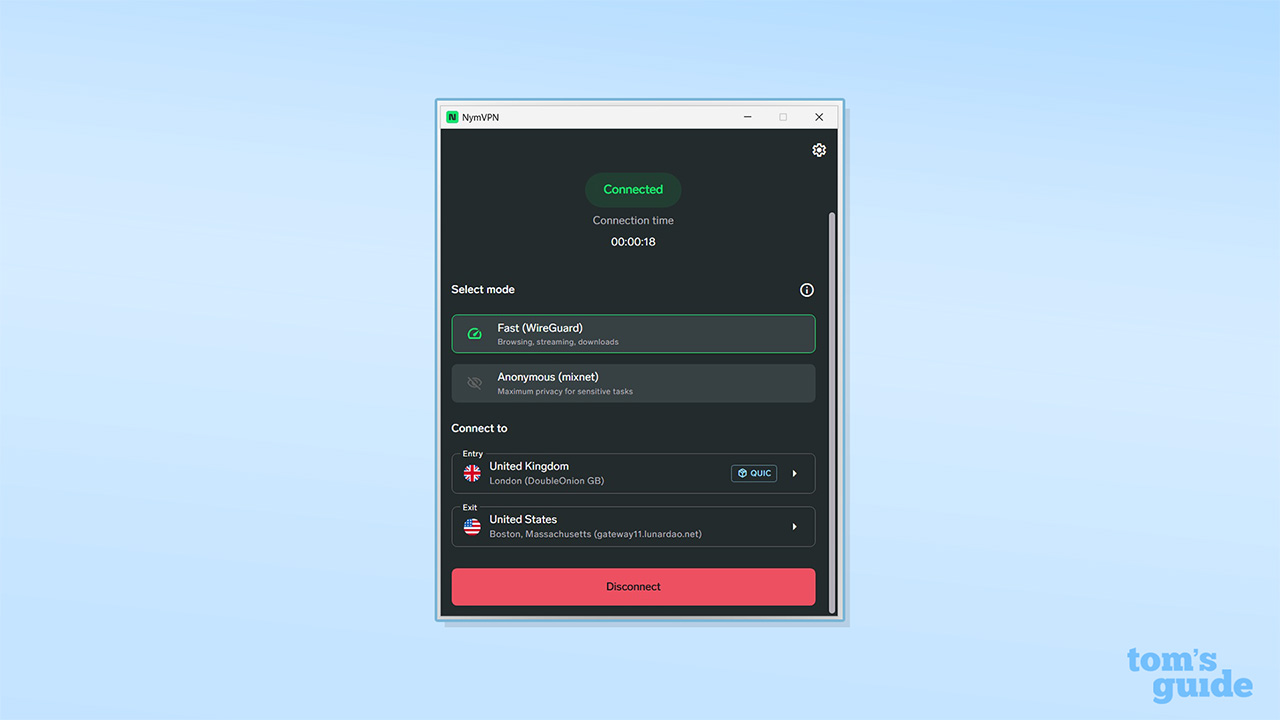 NymVPN's main dashboard