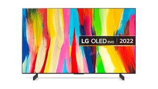 La LG C2 OLED mostrando un fondo de pantalla colorido y abstracto
