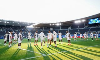 A general view inside the stadium as Real Madrid train during the Real Madrid CF training session and press conference ahead of the UEFA Super Cup Final 2022 at Helsinki Olympic Stadium on August 09, 2022 in Helsinki, Finland.