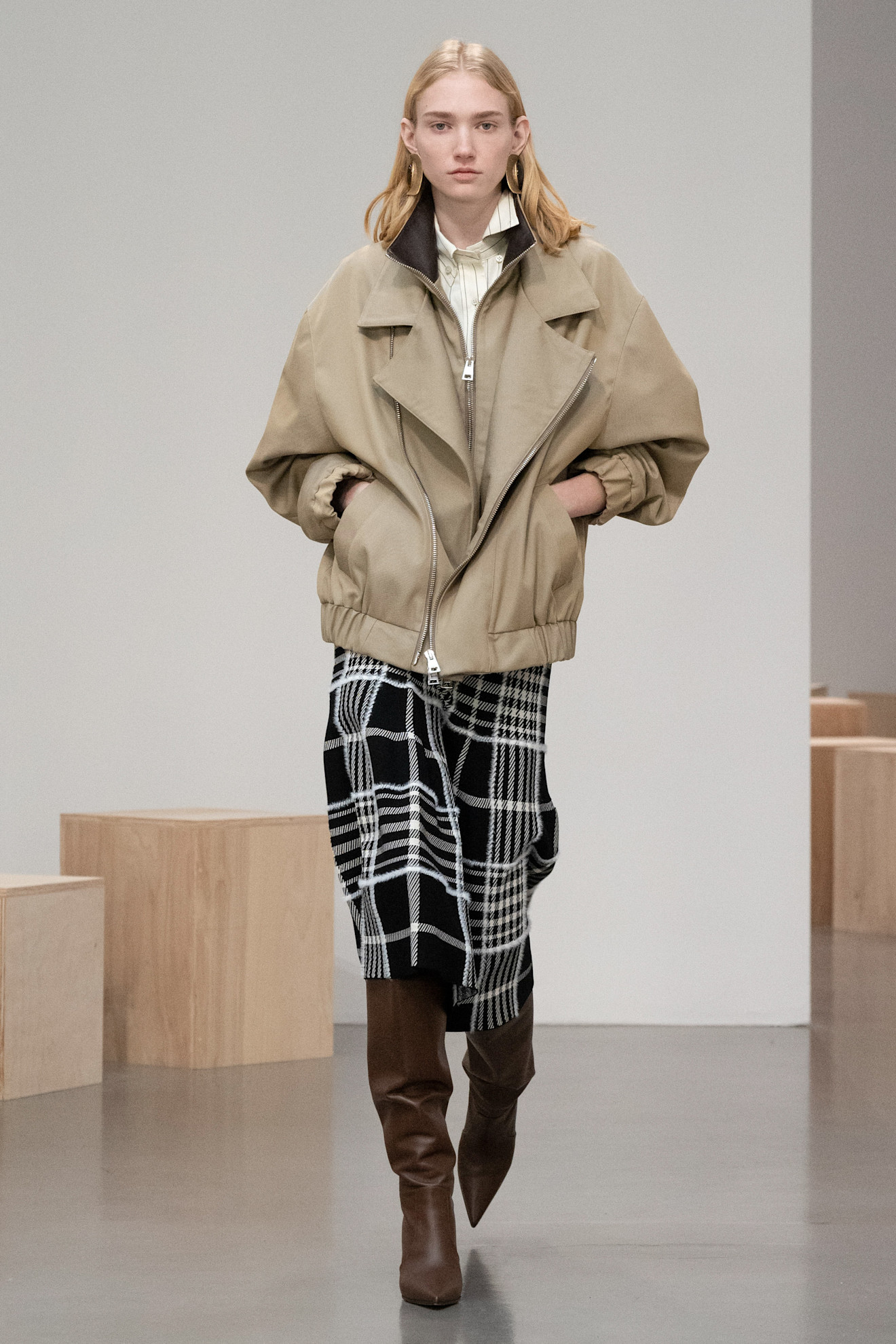 Brandon Maxwell model wearing short jacket.