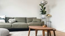 A minimalist living room with neutral light walls, moss green low profile sofa and knitted soft furnishings