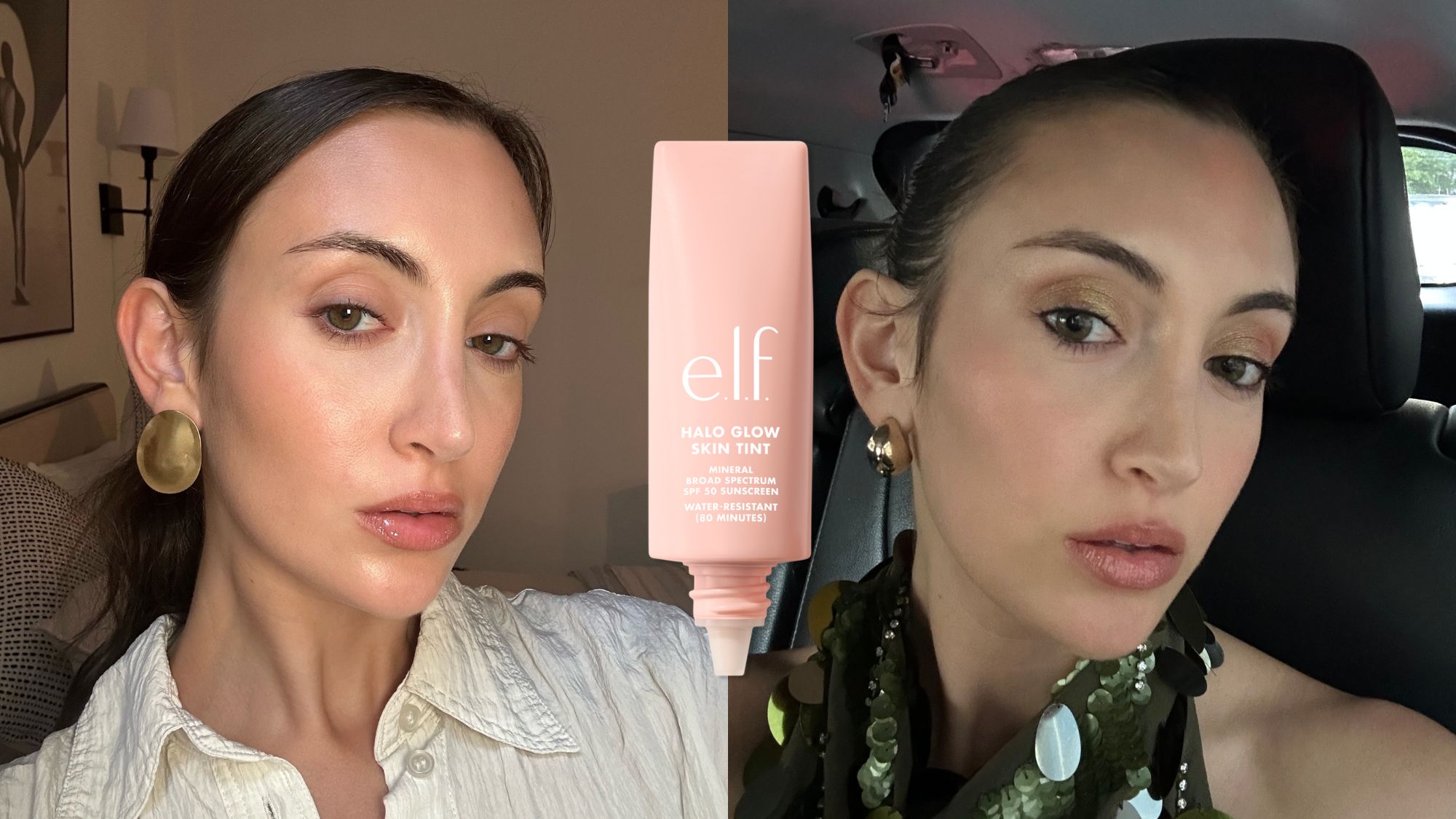Alyssa Brascia wearing the E.l.f. Cosmetics Halo Glow Skin Tint in two side-by-side selfies.