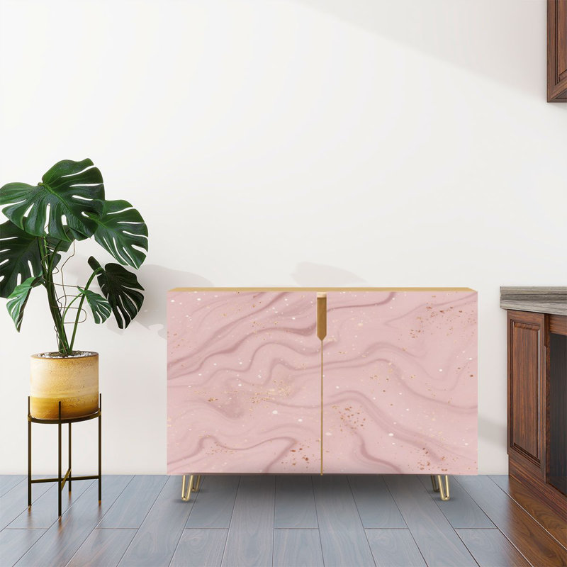 Dakota Fields Sideboard Buffet Cabinet With Storage Liquid Marble Artistic Painting Rose Gold Dust Texture With 2 Doors for Living Room and Kitchen | Wayfair