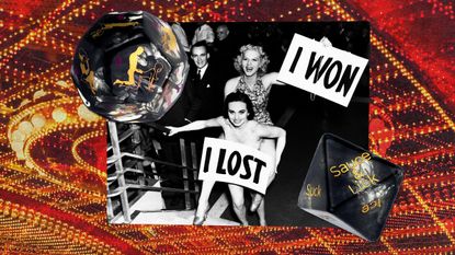 collage of dice with vintage photo of women holding signs that say "I won" and "I lost"
