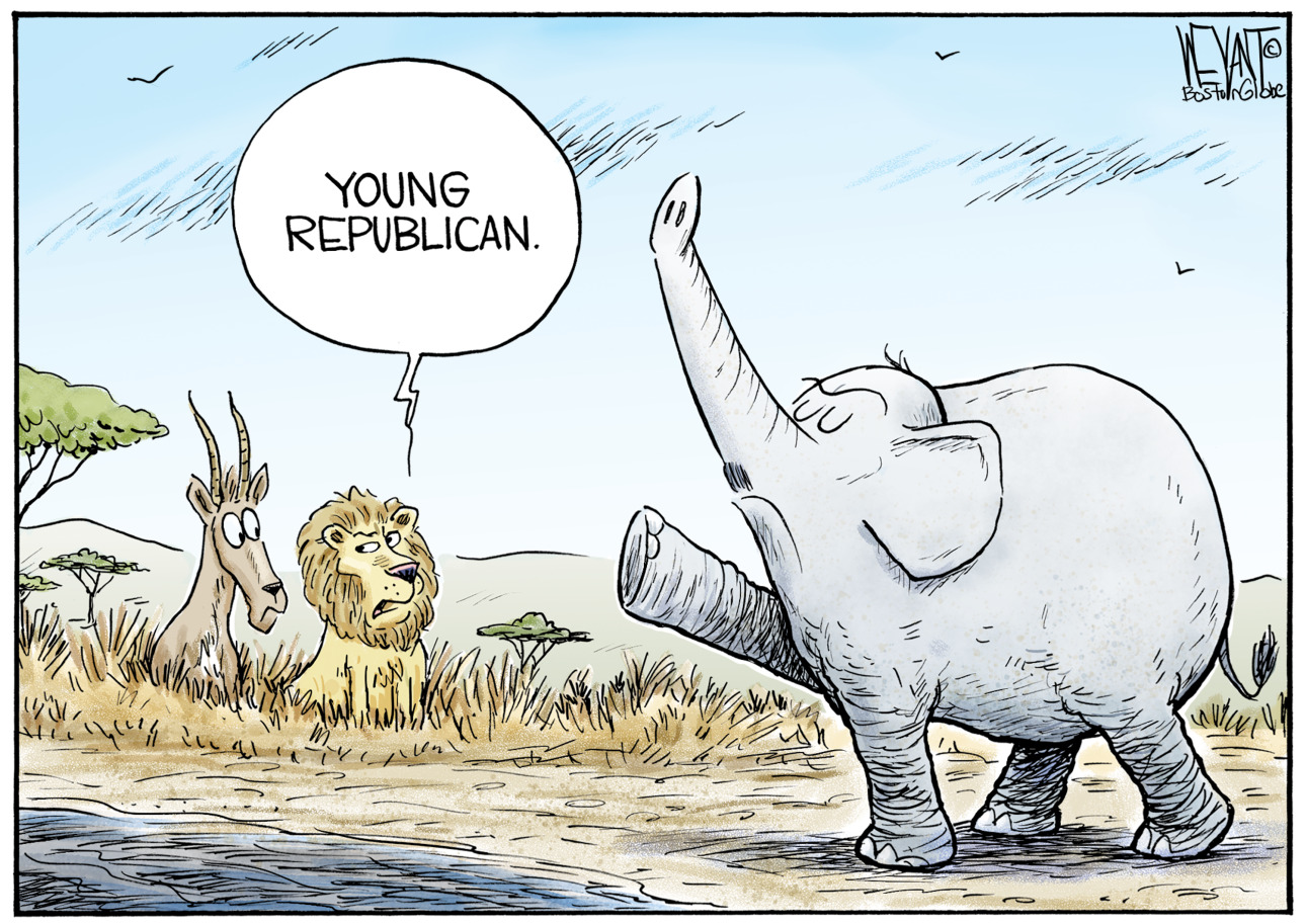 This cartoon takes place outside where a lion and an animal with antlers warily watch a large elephant. The elephant is goose-stepping and has an Adolf Hitler mustache. The lion says, &amp;ldquo;Young Republican.&amp;rdquo;