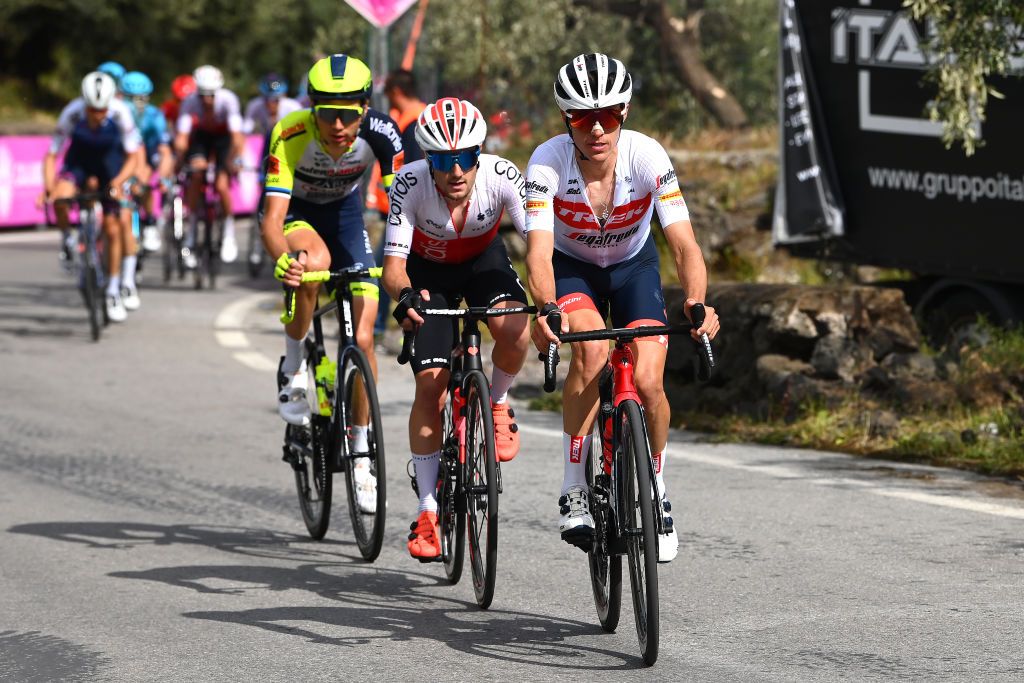 ETNA PIAZZALE RIFUGIO SAPIENZA ITALY MAY 10 LR Rmy Rochas of France and Team Cofidis and Juan Pedro Lpez of Spain and Team Trek Segafredo compete in the breakaway during the 105th Giro dItalia 2022 Stage 4 a 172km stage from Avola to Etna Piazzale Rifugio Sapienza 1899m Giro WorldTour on May 10 2022 in Etna Piazzale Rifugio Sapienza Italy Photo by Tim de WaeleGetty Images