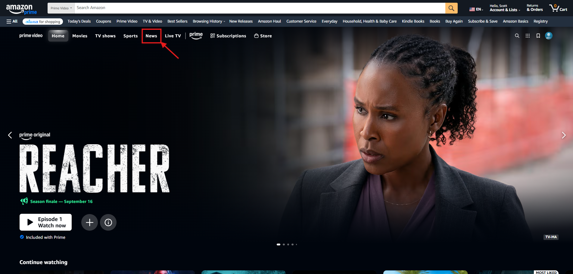 Amazon Prime video screenshot of home page with News highlight