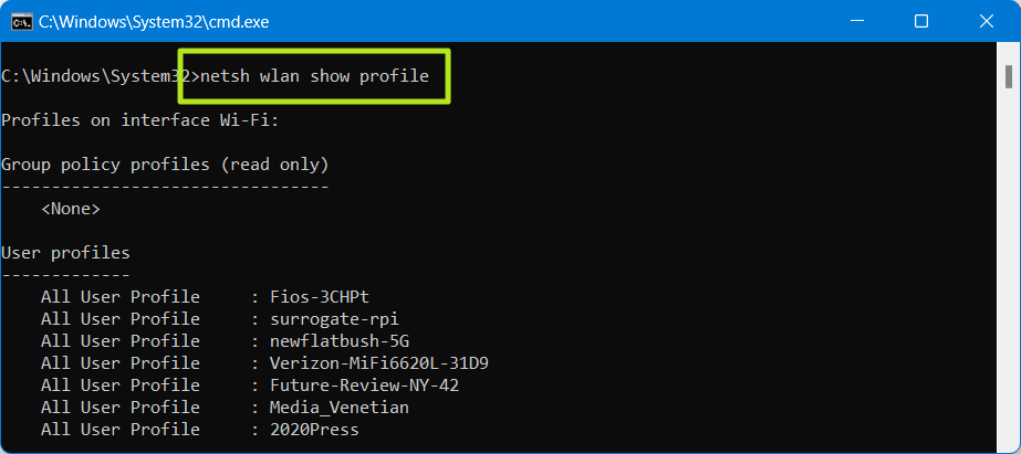 Enter netsh wlan show profile