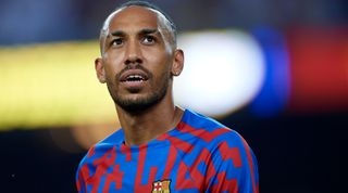 Barcelona striker Pierre-Emerick Aubameyang during the warm-up before the La Liga Santander match between FC Barcelona and Rayo Vallecano at Spotify Camp Nou on August 13, 2022 in Barcelona, Spain
