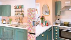 Two pictures of a colorful kitchen with green cabinets