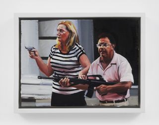 Painting of woman and man toting guns