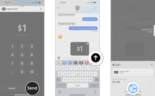 How to send money with Apple Cash in the Messages app on the iPhone by showing steps: Tap Send, Tap the Send Button, Authorize the payment with Touch ID or Face ID