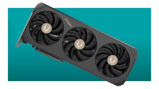 An image of a Zotac GeForce RTX 5090 graphics card against a teal background with a white border.