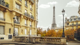 Street scene of Paris, France, showing the Eiffel Tower