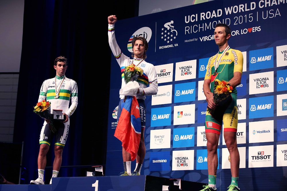 Peter Sagan (Slovakia) celebrates on the podium