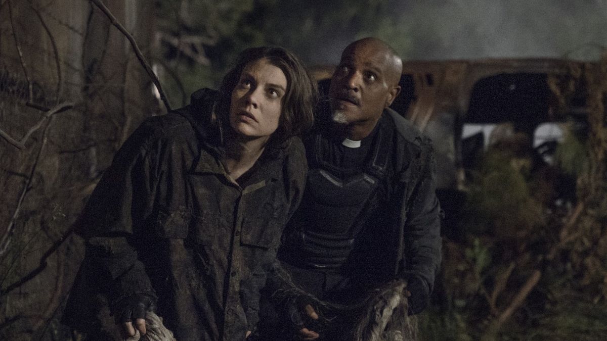 Maggie and Father Gabriel outside Meridian wall on The Walking Dead