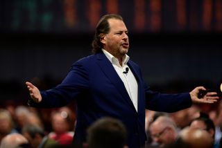 Marc Benioff, co-chief executive officer of Salesforce.com Inc., speaks during a keynote at the 2022 Dreamforce conference in San Francisco, California