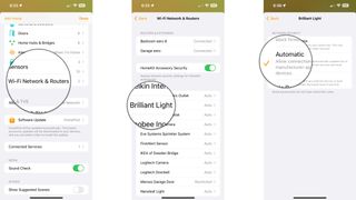 How to set Network Security restrictions in the Home app by showing steps on an iPhone: Scroll downward and tap Wi-Fi Network & Routers, Tap an Accessory, Tap a Restriction level.
