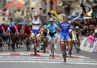 Filippo Pozzato (Quick Step) celebrates his 2006 Milan-San Remo victory.