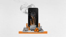 Photo collage of a large smartphone with a low poly AI-generated face on it. In front of it, offerings of incene, oranges, and candles are laid out, as if in front of a gravestone.