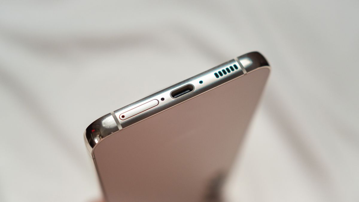 Bottom portion of Samsung Galaxy S23 Plus with USB-C charging port and SIM card tray