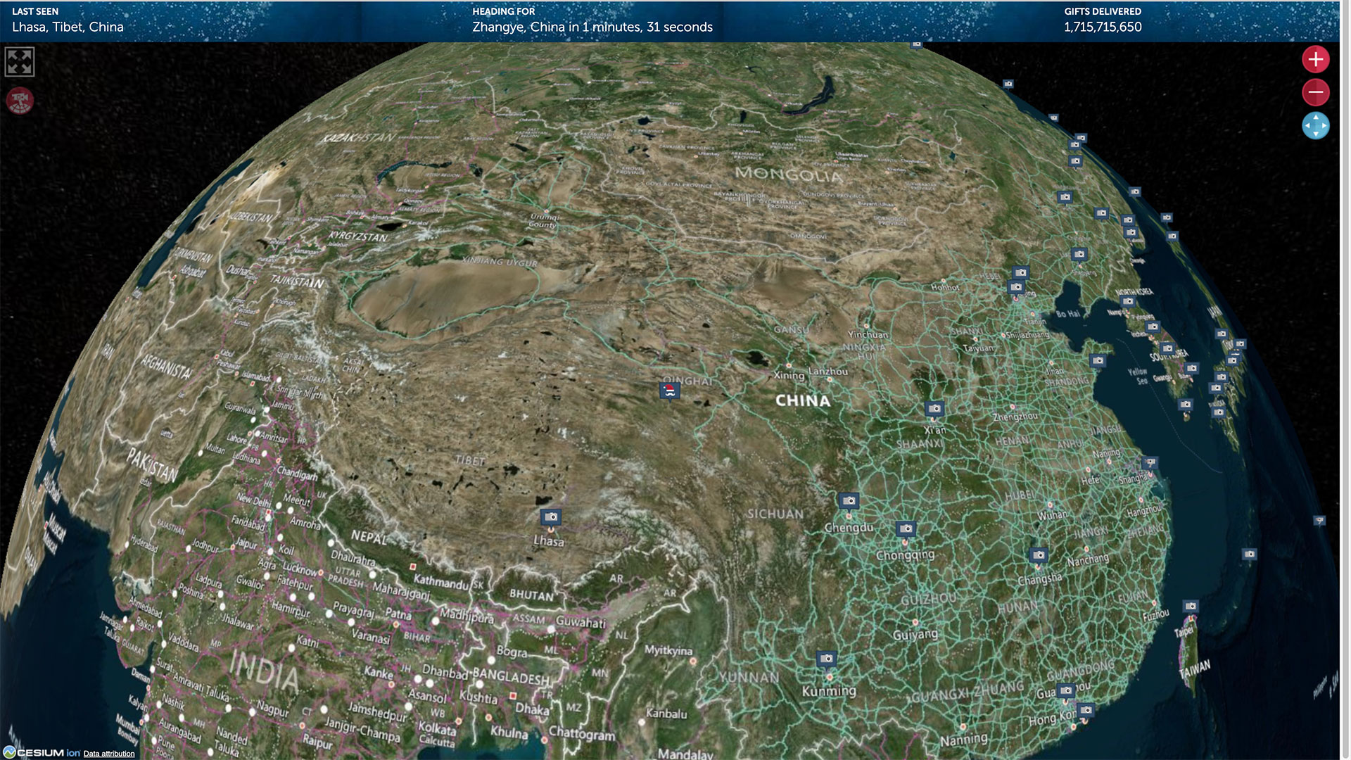 Santa tracker on NORAD showing a zoomed-out globe