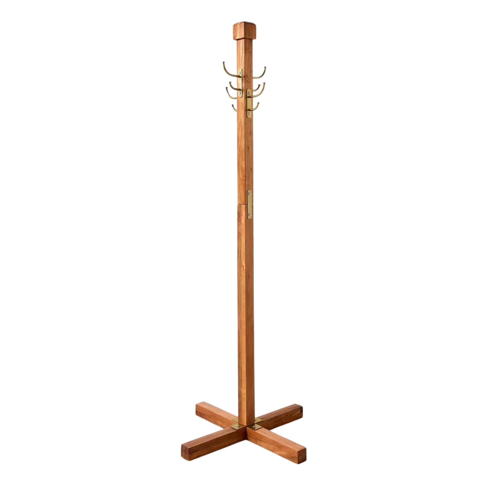 a wooden coat stand with brass hooks
