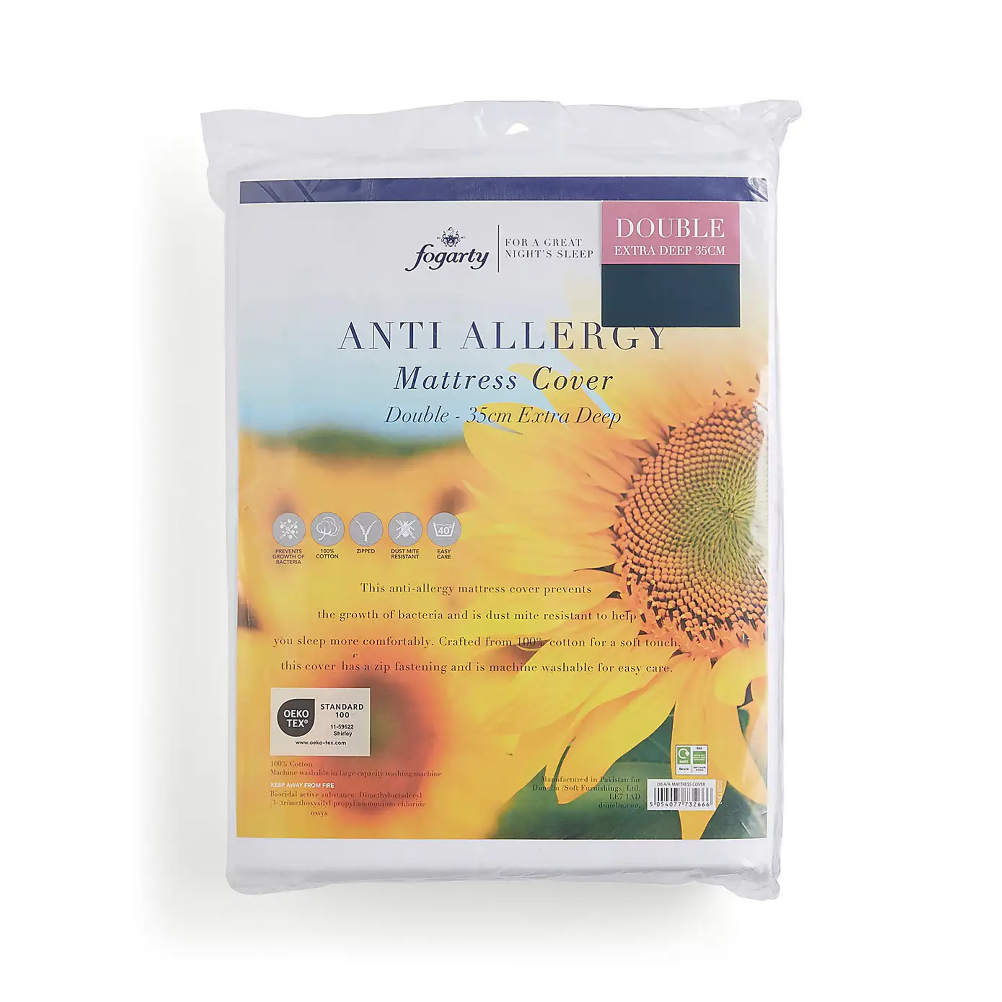 Dunelm, Fogarty Cotton Anti-Allergy Zipped Mattress Cover