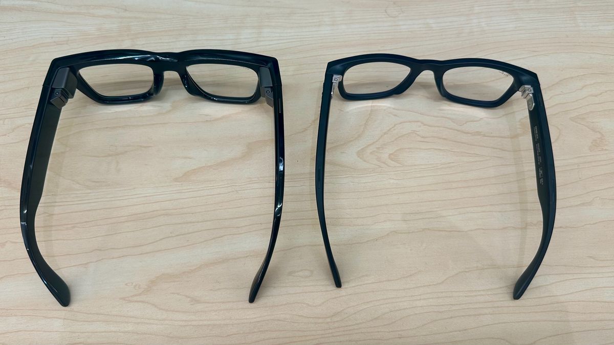 Photo of the Meta Ray-Ban Display (left) and Ray-Ban Meta (Gen 2, right) from the top-down.