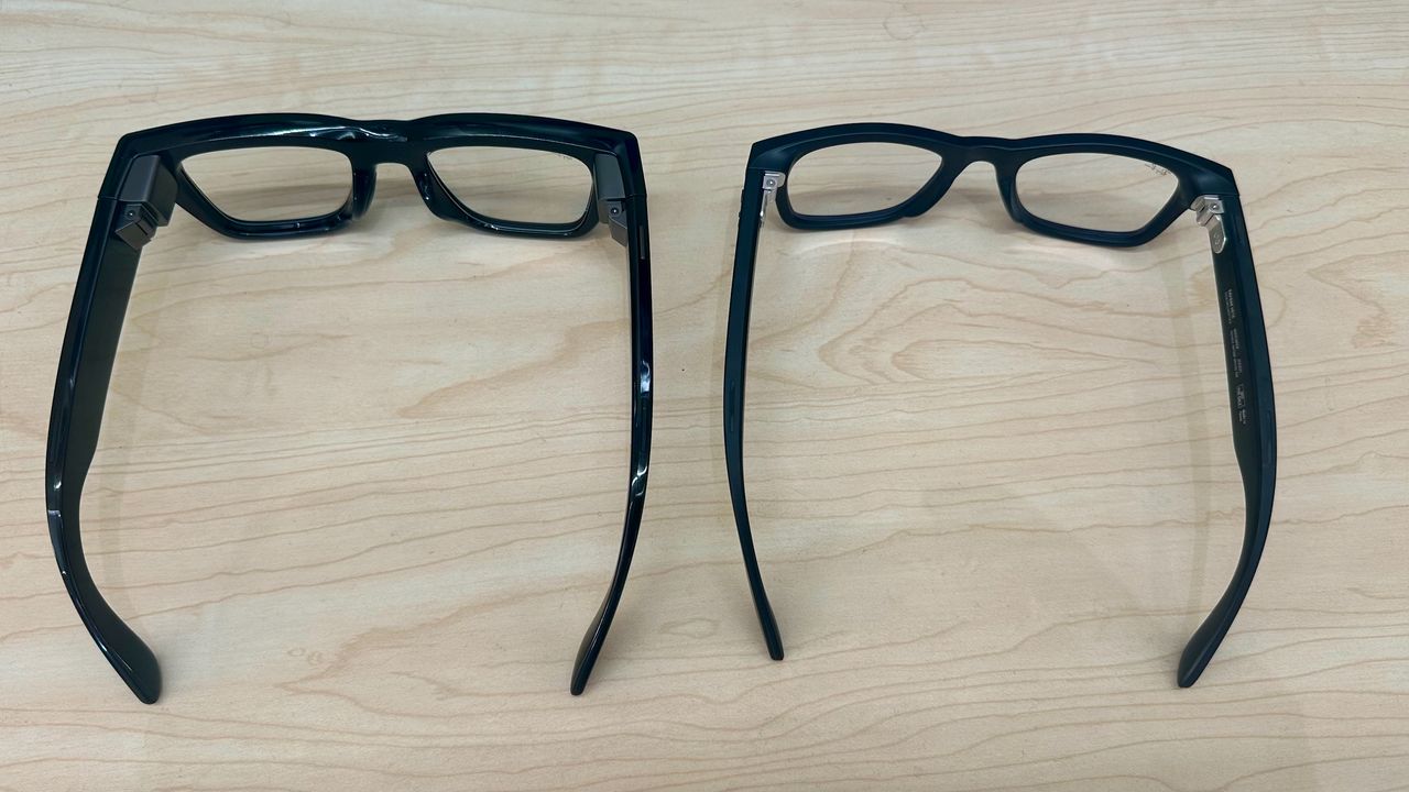 Photo of the Meta Ray-Ban Display (left) and Ray-Ban Meta (Gen 2, right) from the top-down.