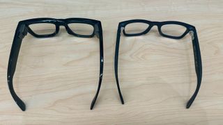 Photo of the Meta Ray-Ban Display (left) and Ray-Ban Meta (Gen 2, right) from the top-down.
