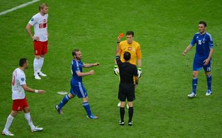 Poland goalkeeper Wojciech Szczęsny is shown the red card against Greece at Euro 2012.