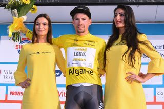 Primoz Roglic atop the podium as the new leader of the Volta ao Algarve after three stages