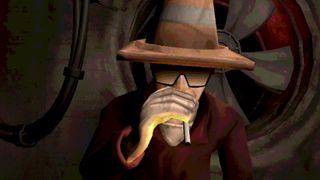 Man wearing traffic cone as a hat smokes cigarette